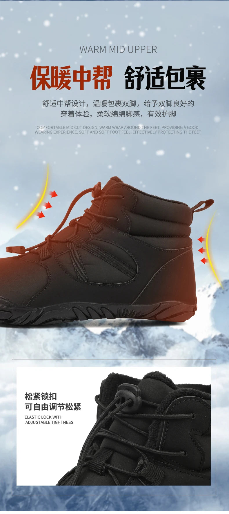 Big Size 36-47 Winter Barefoot Boots Waterproof Winter Sneakers Fur Lined Wide Toe Box Snow Boot Women Men Plush Hiking Boots